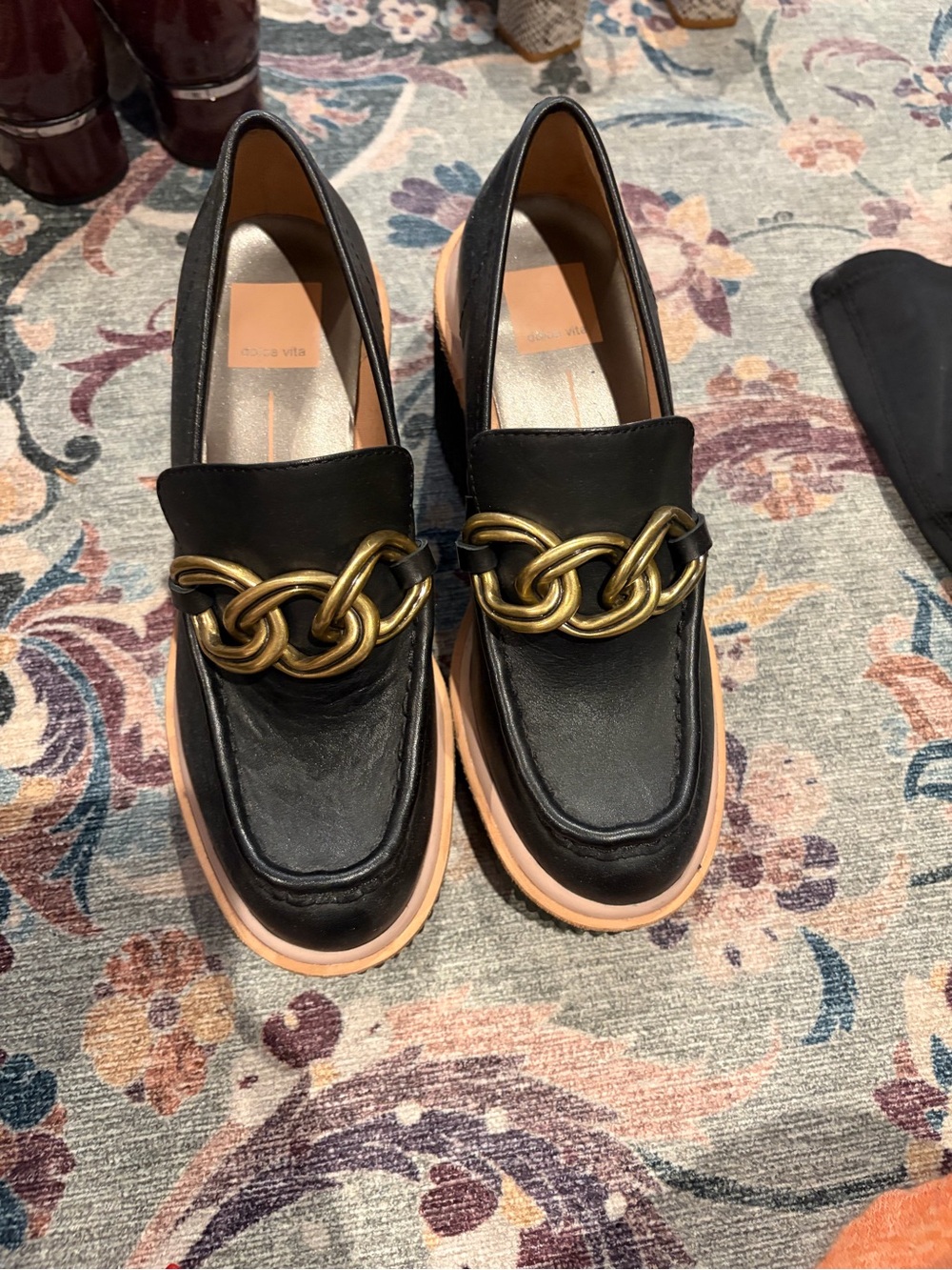 Dolce Vita Black Leather Loafers with Brushed Gold Chain and Pink-Tan Sole - 7